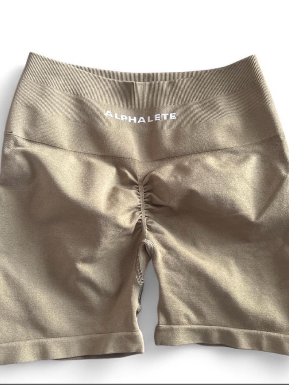 Alphalete High-Waist Ruched Bike Shorts — Tan